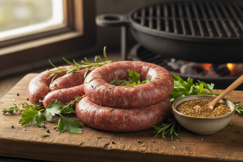 Beef Bratwurst with Herbs and Mustard