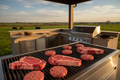 Grill Guru beef cuts on outdoor grill with ranch background