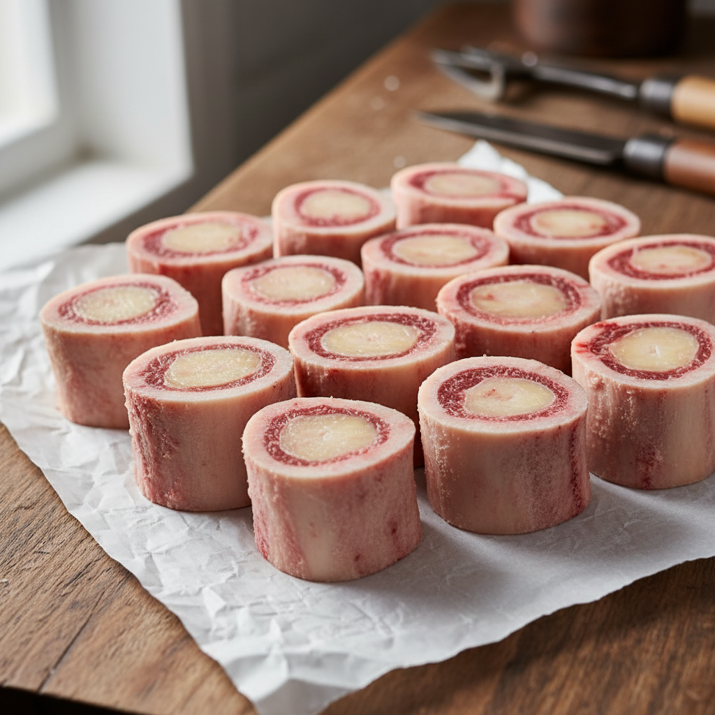 Grass-fed beef marrow bones on butcher paper