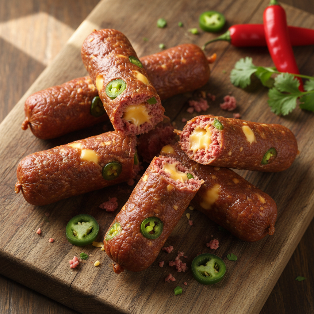 Grass-fed beef sticks with jalapeño cheese on wooden surface