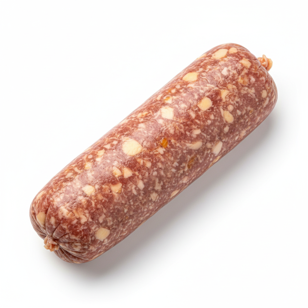 Close-up of premium grass-fed beer cheese beef bratwurst