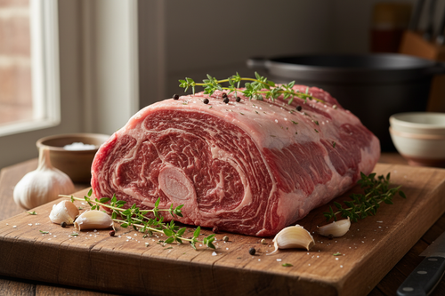 Grass-fed arm roast with herbs and garlic on wooden board