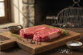 Grass-fed sirloin steaks with herbs on wooden board
