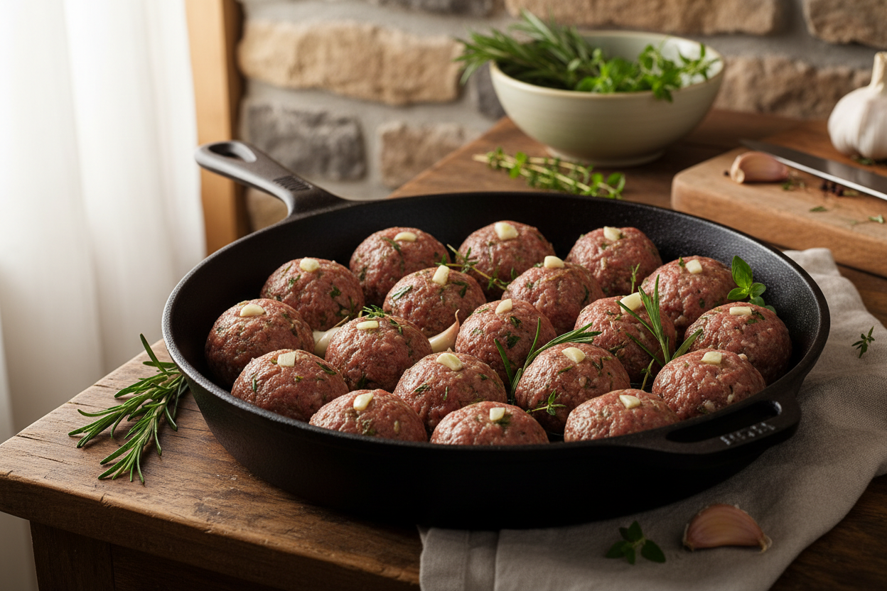 Grass-fed ground beef meatballs ready to cook
