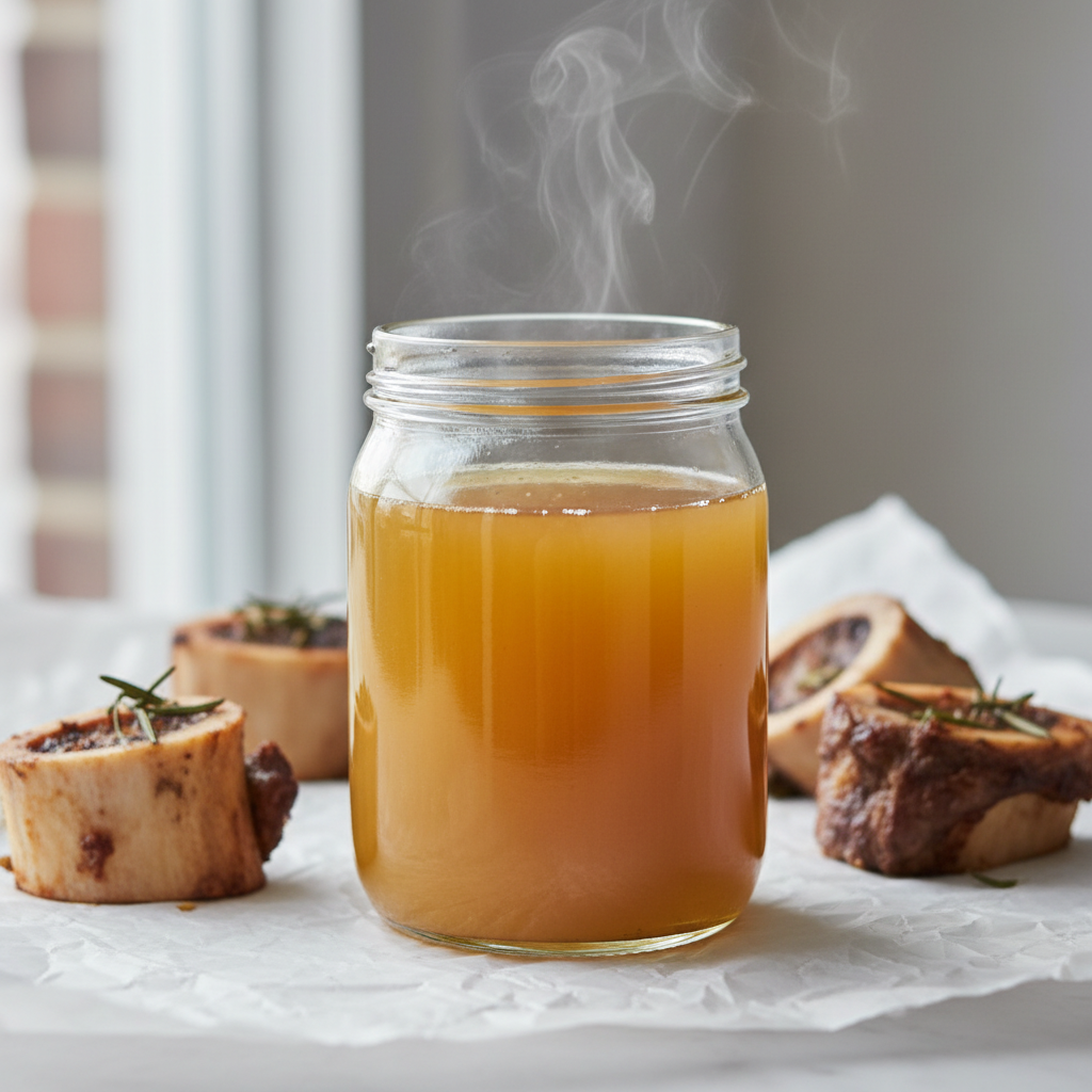 Grass-fed beef bone broth in glass jar