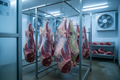 Grass-fed beef hanging in meat locker