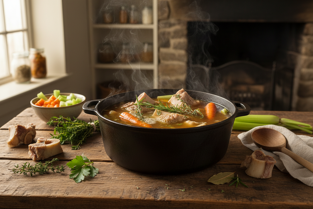 Grass-fed beef bone broth simmering with vegetables