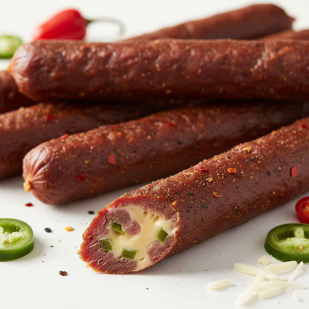 Close-up of grass-fed beef sticks with jalapeño cheese