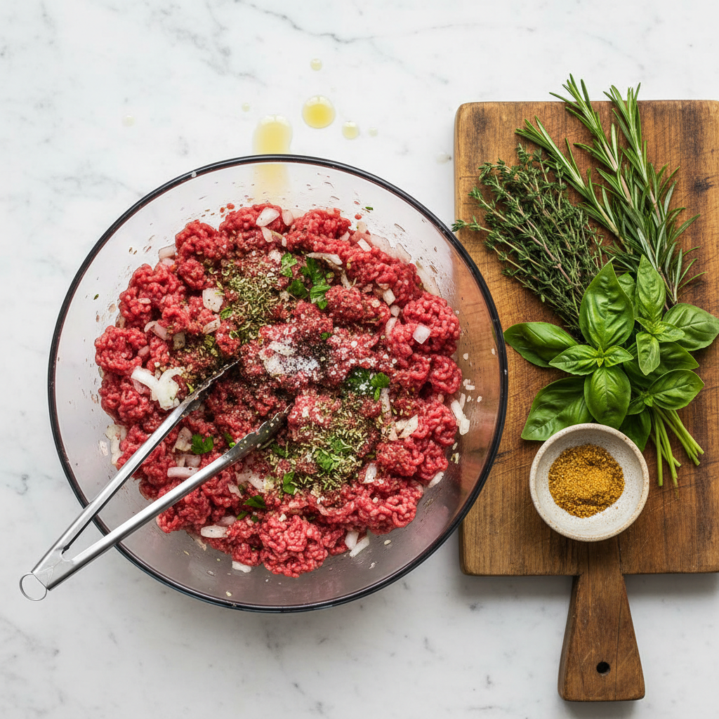 Grass-fed ground beef with seasonings ready to cook