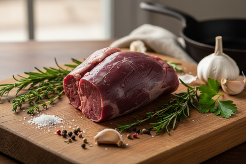 Grass-fed beef heart with herbs and garlic on wooden board