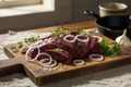Grass-fed beef liver with onions and herbs on wooden board