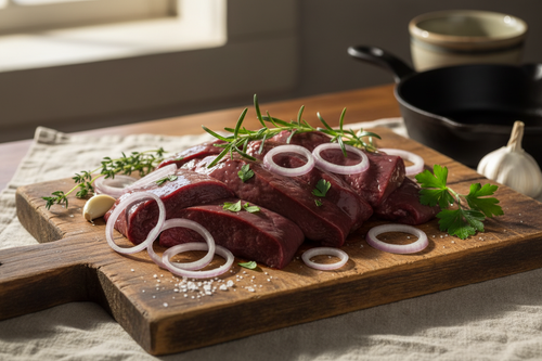Grass-fed beef liver with onions and herbs on wooden board