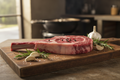 Grass-fed bone-in ribeye steak with herbs on wooden board