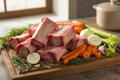 Grass-fed beef soup bones with vegetables on wooden board