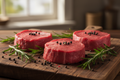 Grass-fed filet mignon with herbs on wooden board