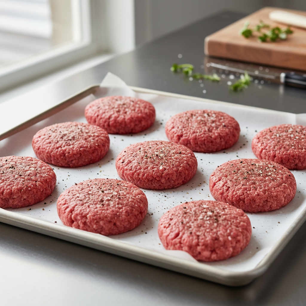 Grass-fed ground beef burger patties ready to cook