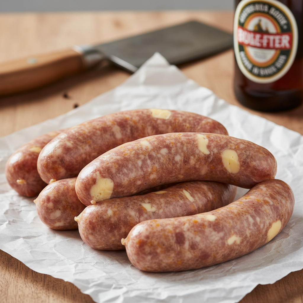 Grass-fed beer cheese beef bratwurst on butcher paper